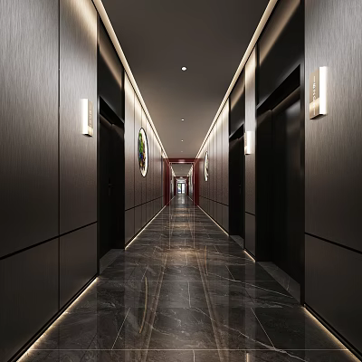 Hotel Corridor Interior With Dark Paneled Walls Marble Floor Elevator Doors And Wall Mounted Lights 3d model