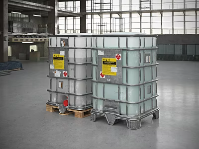 Industrial Storage Tanks in Industrial Facility Featuring Gray Plastic Warning Labels Red Valves on Pallets 3d model