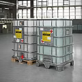 Industrial Storage Tanks in Industrial Facility Featuring Gray Plastic Warning Labels Red Valves on Pallets