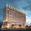 Modern High Rise Hotel Building Exterior With Illuminated Facade Trees Street Lamps And Pedestrians