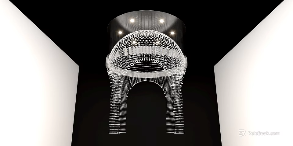 Modern Artistic Chandelier With Arch Shape Wire Design In Black White Interior Corridor 3d model 
