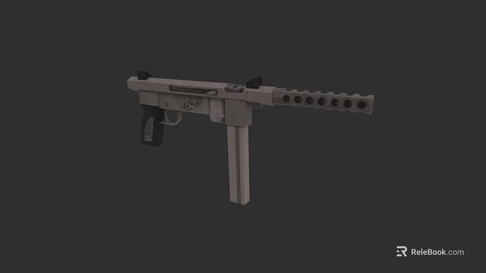 Gray Metal Submachine Gun With Long Barrel Magazine Holes And Grip 3d model 