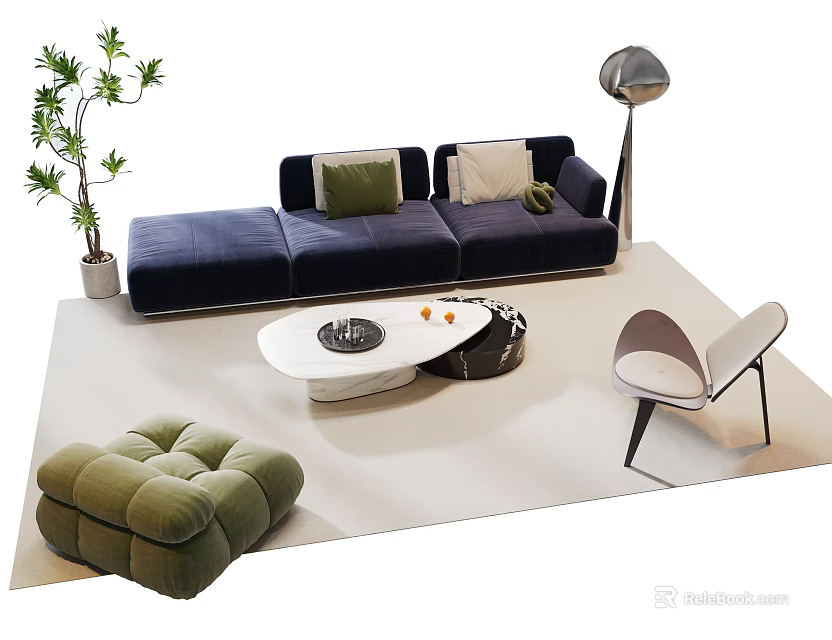Modern Navy Blue Sofa with Green Beige Cushions and White Coffee Table Set Green Pouf Gray Chair 3d model 