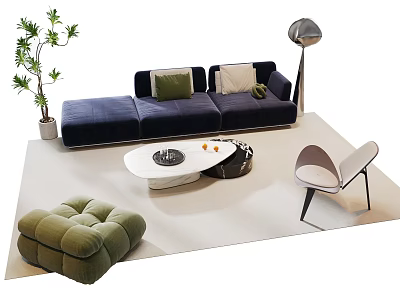 Modern Navy Blue Sofa with Green Beige Cushions and White Coffee Table Set Green Pouf Gray Chair 3d model