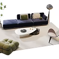 Modern Navy Blue Sofa with Green Beige Cushions and White Coffee Table Set Green Pouf Gray Chair