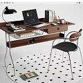 Wooden Desk with Laptop Black Lamp Books Mug Mouse Black Chair and Round Monochrome Rug