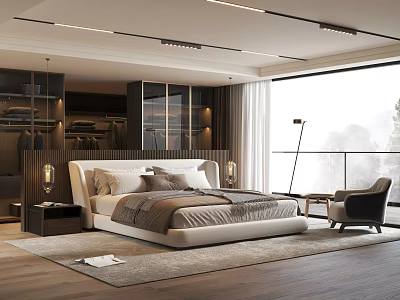 Modern Bedroom Interior Design With King Size Bed Floor-to-ceiling Window And Wardrobe 3d model