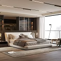 Modern Bedroom Interior Design With King Size Bed Floor-to-ceiling Window And Wardrobe