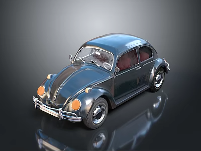 Classic Silver Beetle Car Featuring Red Interior On Dark Shiny Background 3d model