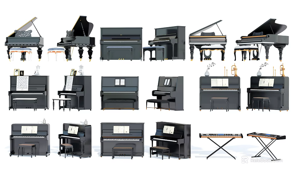 Collection of Black Grand Upright Pianos and Electronic Keyboard Instruments 3d model 