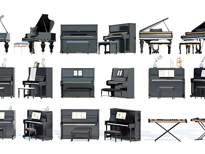 Collection of Black Grand Upright Pianos and Electronic Keyboard Instruments 3d model