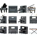 Collection of Black Grand Upright Pianos and Electronic Keyboard Instruments