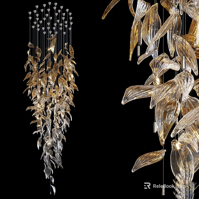 Elegant Modern Leaf Shaped Chandeliers With Golden And Transparent Crystal Elements 3d model