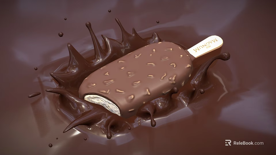 Delicious Chocolate Covered Ice Cream Bar With Nut Toppings And Splashing Chocolate Sauce 3d model 