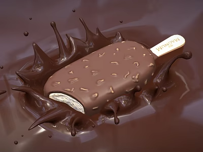 Delicious Chocolate Covered Ice Cream Bar With Nut Toppings And Splashing Chocolate Sauce 3d model
