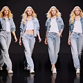 Four Women Walking In Denim Jackets White Tops And Jeans On Black Background