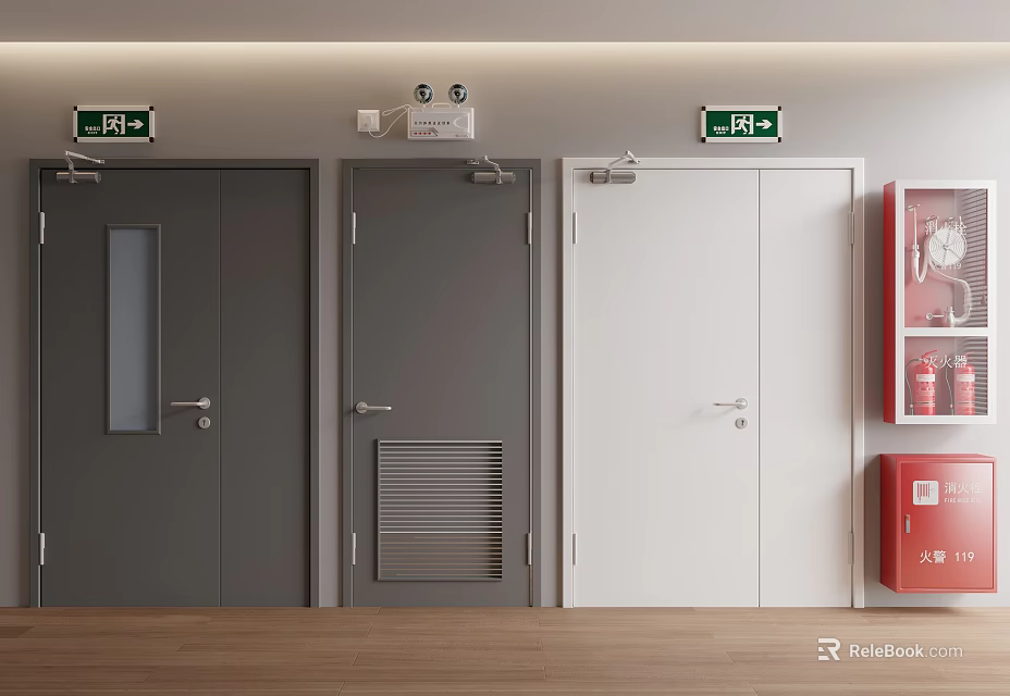 Different Colored Doors With Fire Equipment And Exit Signs In Public Corridor 3d model 