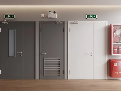 Different Colored Doors With Fire Equipment And Exit Signs In Public Corridor 3d model