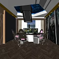 Modern Gaming Cafe With Starry Sky Ceiling Ergonomic Gaming Chairs Advanced Monitors And Game Posters