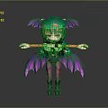 3D Fantasy Character With Green Hair And Purple Bat Wings In Black Outfit