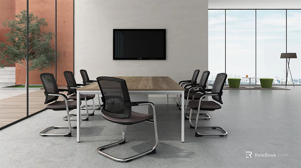 Modern Conference Room With Long Wooden Table Black Chairs And Large Screen TV 3d model 