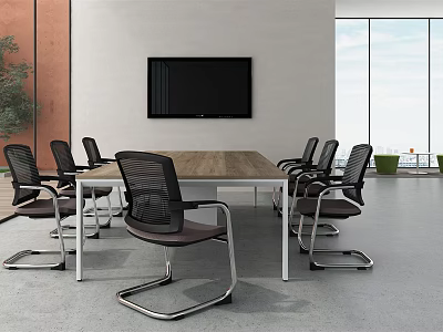 Modern Conference Room With Long Wooden Table Black Chairs And Large Screen TV 3d model