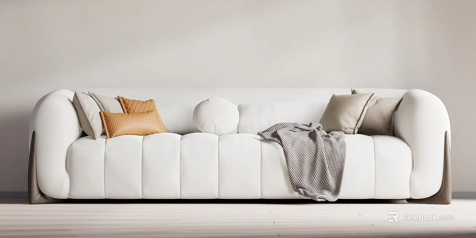 White Multi Seater Sofa with Neutral and Orange Cushions and Gray Throw Blanket 3d model 