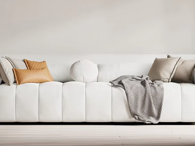 White Multi Seater Sofa with Neutral and Orange Cushions and Gray Throw Blanket 3d model