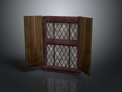 Vintage Brown Wooden Folding Door With Diamond Lattice Glass In Open State 3d model