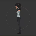 Cartoon Style Woman With Black Hair Striped Top Dark Pants Arms Outstretched On Dark Background