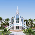 Elegant White European Architecture with Spire Arched Windows Glass Roof Palm Trees and Lawn