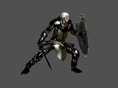 Game and Movie Character in Black Armor with Skeleton Helmet Holding Shield Sword Battle Stance 3d model