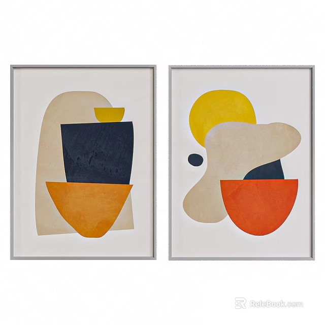 Two Framed Abstract Paintings With Yellow Orange Navy Beige Geometric Shapes 3d model 