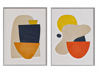 Two Framed Abstract Paintings With Yellow Orange Navy Beige Geometric Shapes 3d model