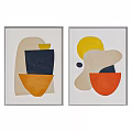 Two Framed Abstract Paintings With Yellow Orange Navy Beige Geometric Shapes