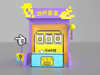 Pixel Style Photo Check in Spot With Slot Machine Purple Yellow Get Rich Sign 3d model