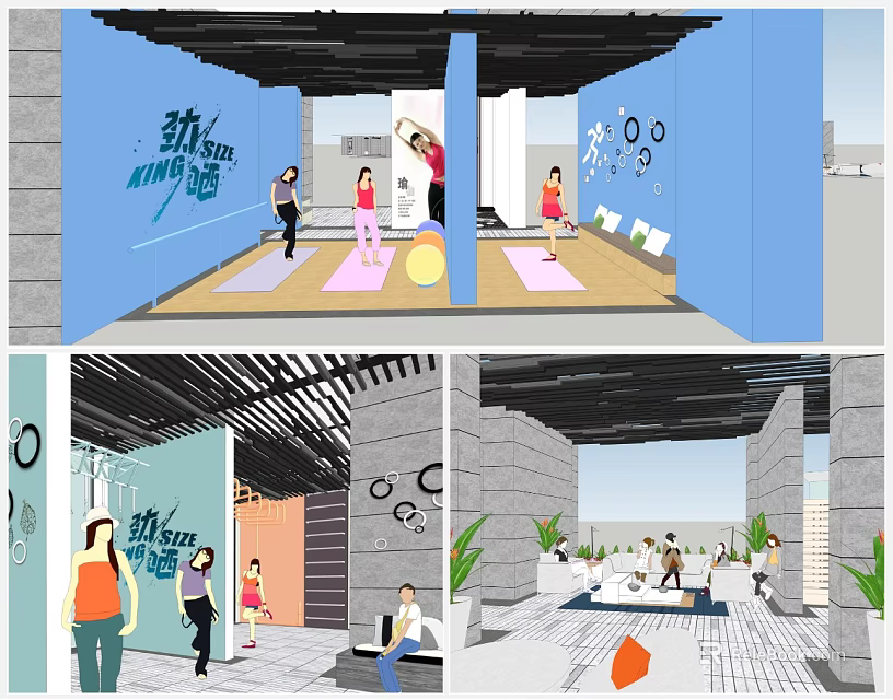 Modern Indoor Fitness Space With People Doing Yoga And Workout Activities 3d model 