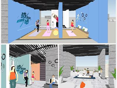 Modern Indoor Fitness Space With People Doing Yoga And Workout Activities 3d model