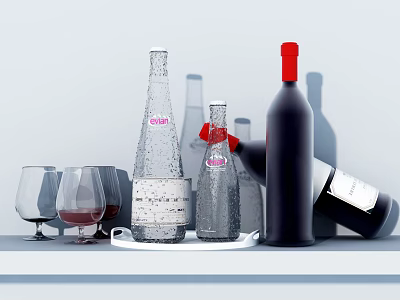 Different Types of Wine Bottles and Glasses Displayed on White Countertop with Light Background 3d model
