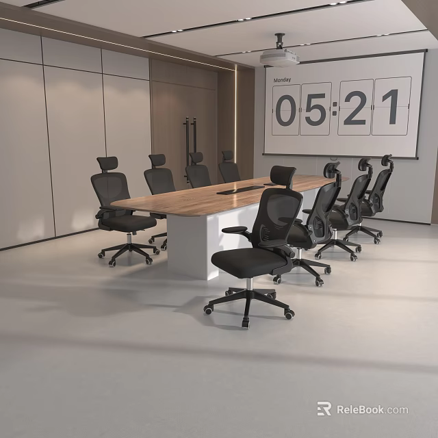 Modern Conference Room With Long Table Black Chairs Projection Screen And Timer 3d model 