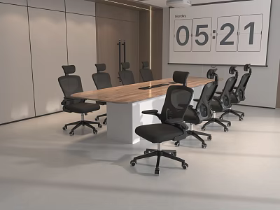 Modern Conference Room With Long Table Black Chairs Projection Screen And Timer 3d model