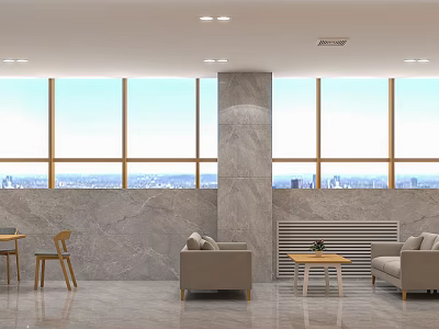 Leisure Area Interior with Large Windows City View Marble Wall Sofa Chairs and Coffee Table 3d model
