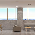 Leisure Area Interior with Large Windows City View Marble Wall Sofa Chairs and Coffee Table