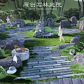 Japanese Style Garden Courtyard With Stone Pathways Lush Greenery Rock Formations And Stone Lanterns