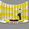 Interactive Yellow Smiley Face Themed Space With Circular Booths Installations And Patterns 3d model