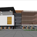 Modern Office Building With Orange Grid Facade White Exterior And Surrounding Trees Lawn