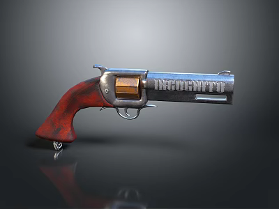 Classic Revolver With Red Wooden Grip And Silver Metal Body Design 3d model