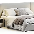 Modern Double Bed with Light Grey Headboard White Pillows Grey Blanket and Bedside Table