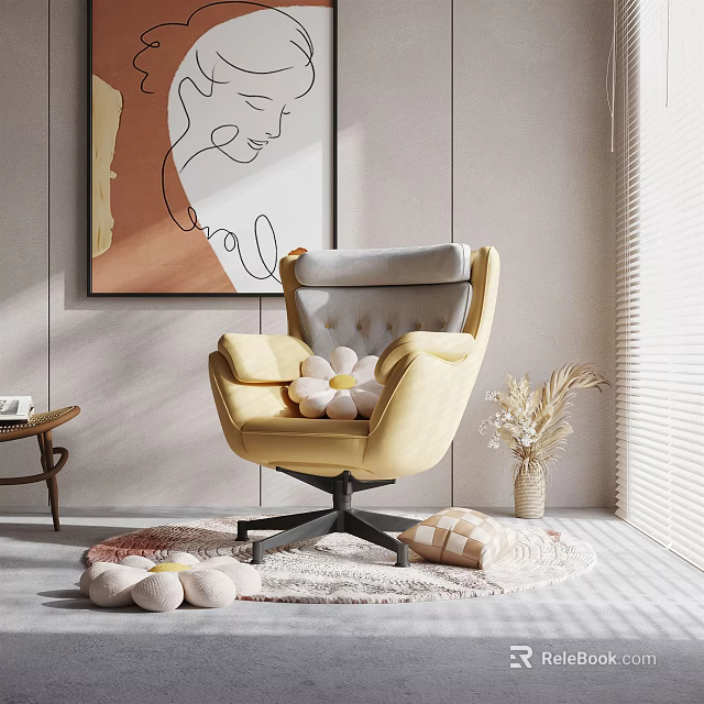 Yellow Modern Single Sofa With Floral Cushion Round Floor Cushions Abstract Art And Natural Light 3d model 