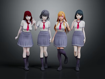 Anime Style Female Game Characters in School Uniform with Multicolored Hair and Varied Poses 3d model